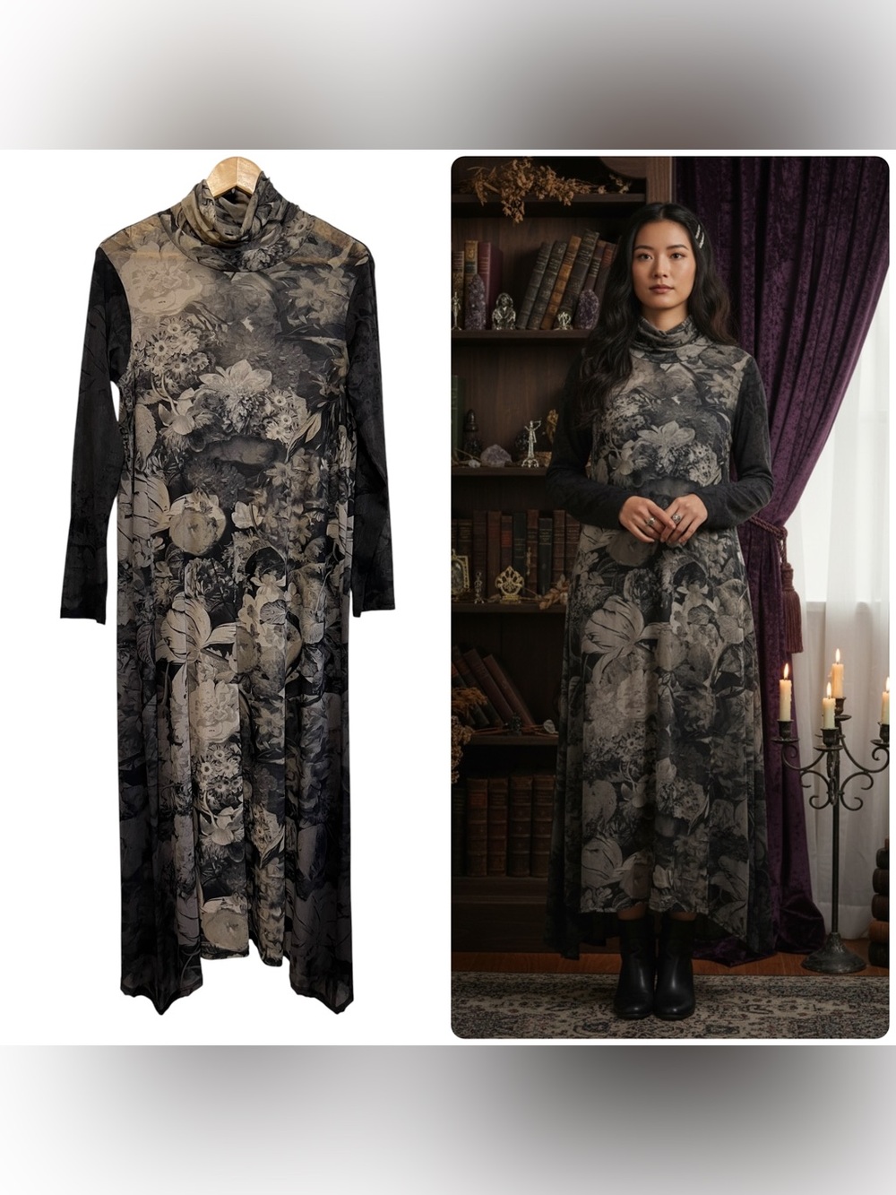 Y2K SpiritHouse Turtleneck Floral Print Mesh Maxi Dress Charcoal Gray Small USA